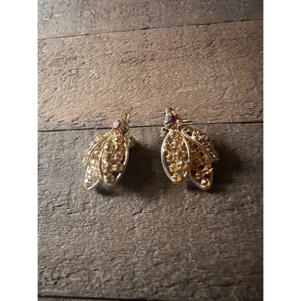 Vintage Hobe Gold Tone‎ Bees Clip-On Earrings With Rhinestones - Picture 8 of 9